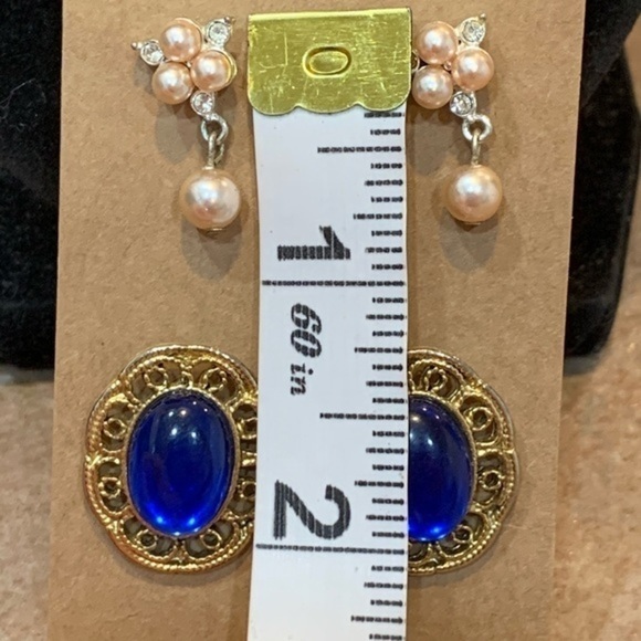 💐2 pair faux pearl & gold trim elegant blue stone - Picture 5 of 5